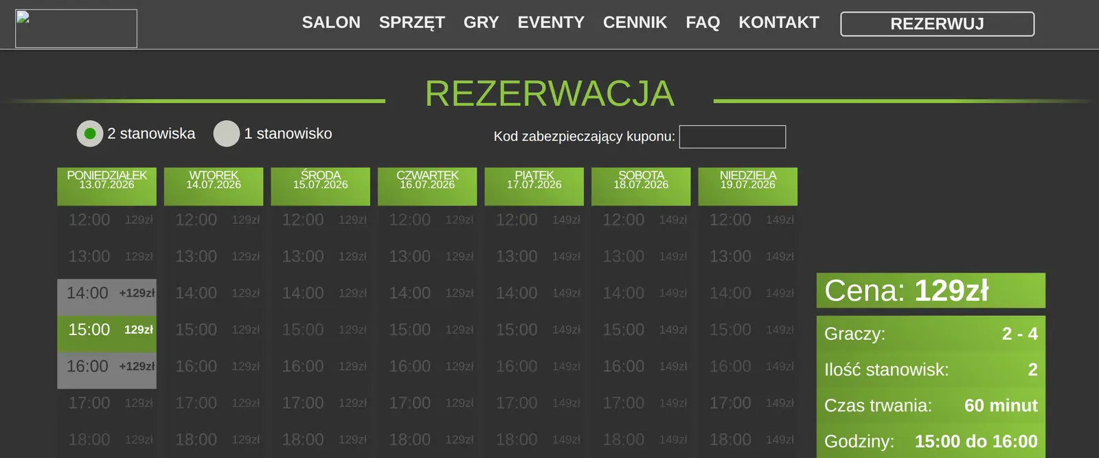Wybrany termin z podsumowaniem: cena, liczba graczy, stanowiska i czas trwania