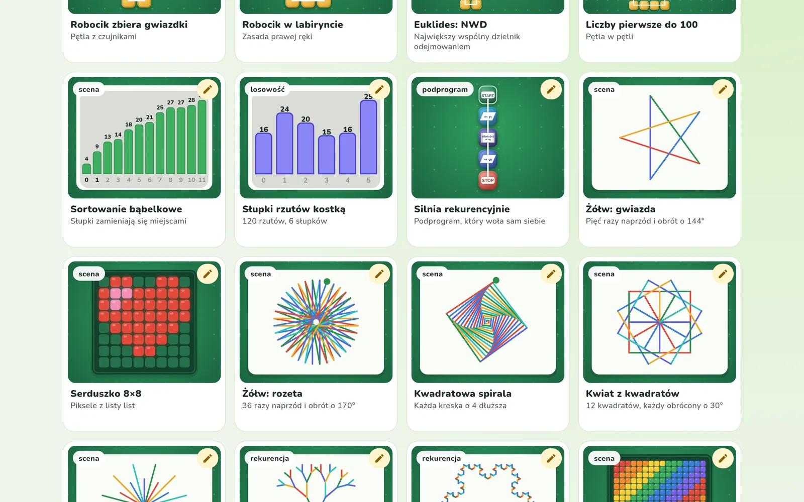 Examples that draw: a rosette, a Koch snowflake, rainbow pixels