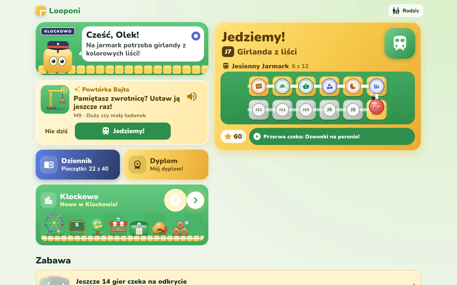 The youngest learners' home screen: Bajt, the daily review, the Autumn Fair route, and Klockowo
