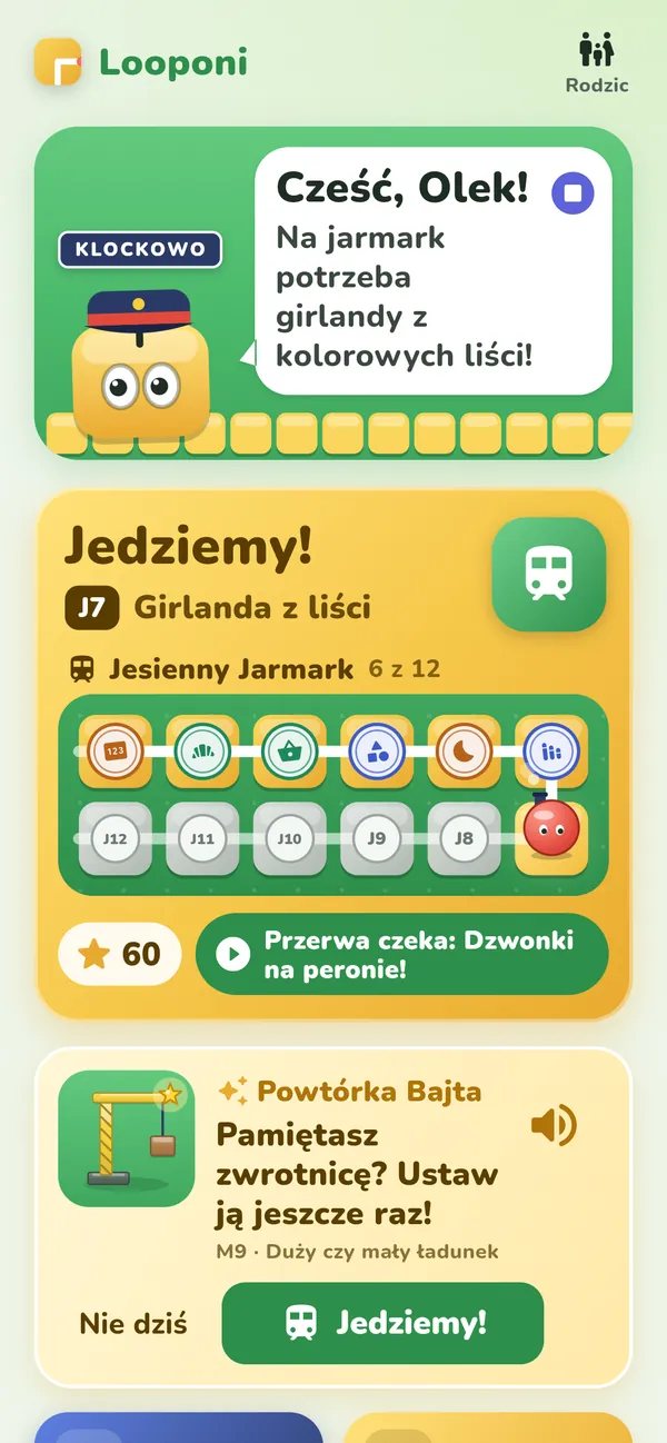 Ekran startowy z kartą „Powtórka Bajta: Pamiętasz zwrotnicę? Ustaw ją jeszcze raz!”